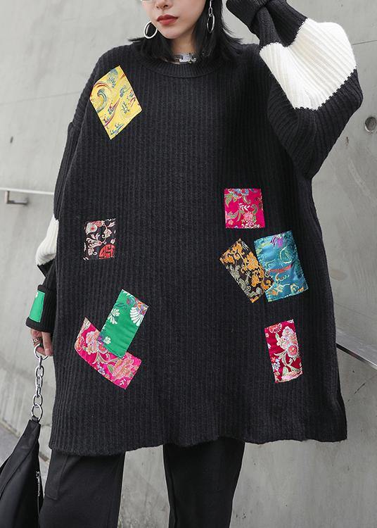 Oversized Black Knitted Pullover O Neck Patchwork Oversized Knitted Blouse