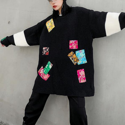 Oversized Black Knitted Pullover O Neck Patchwork Oversized Knitted Blouse