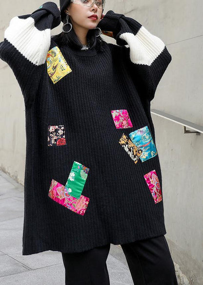 Oversized Black Knitted Pullover O Neck Patchwork Oversized Knitted Blouse