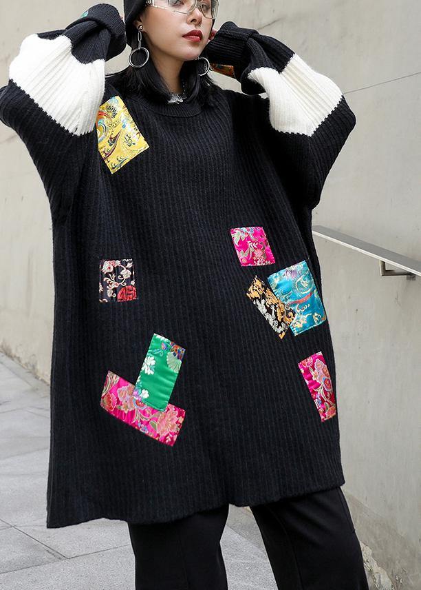 Oversized Black Knitted Pullover O Neck Patchwork Oversized Knitted Blouse