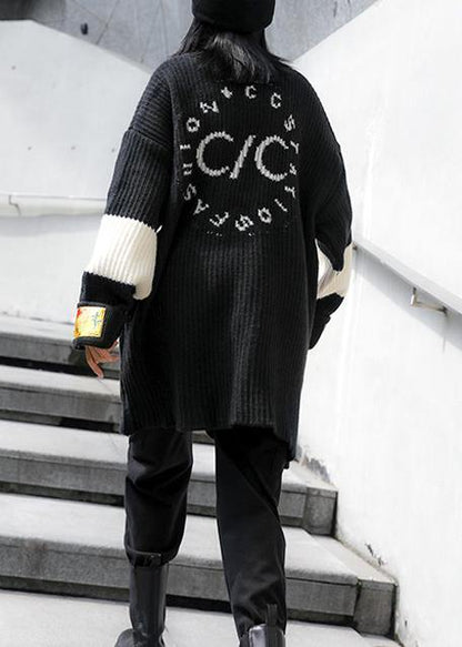 Oversized Black Knitted Pullover O Neck Patchwork Oversized Knitted Blouse