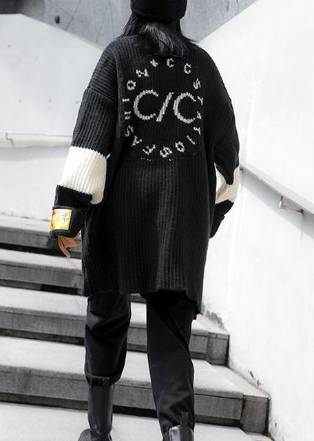 Oversized Black Knitted Pullover O Neck Patchwork Oversized Knitted Blouse