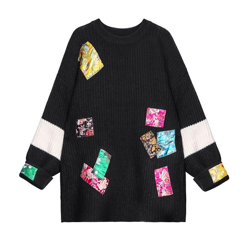 Oversized Black Knitted Pullover O Neck Patchwork Oversized Knitted Blouse