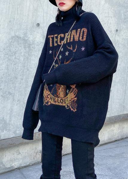 Oversized Black Knitted Top Side Open Half High Neck Sweaters