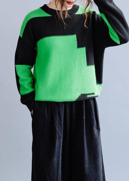 Oversized Black Patchwork Green Knitwear Oversize O Neck Knitted Pullover
