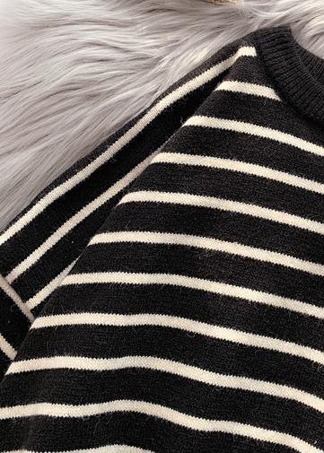 Oversized Black Striped Knitted Blouse Clothing O Neck Low High Design Knit Tops