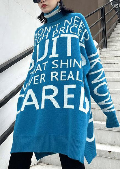 Oversized Blue Letter Knitted T Shirt High Neck Side Open Knitted Blouse
