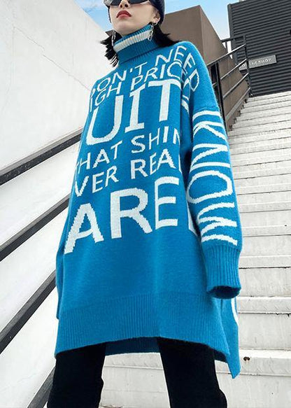 Oversized Blue Letter Knitted T Shirt High Neck Side Open Knitted Blouse
