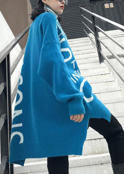 Oversized Blue Letter Knitted T Shirt High Neck Side Open Knitted Blouse
