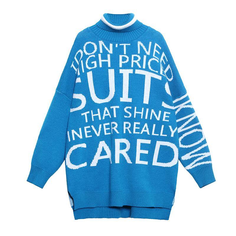 Oversized Blue Letter Knitted T Shirt High Neck Side Open Knitted Blouse