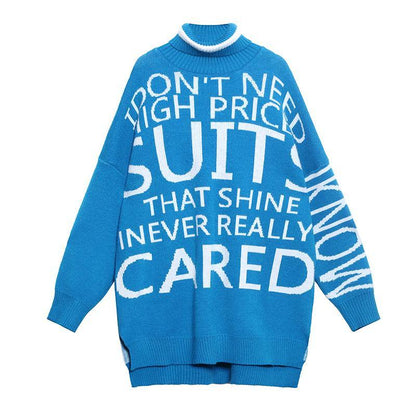 Oversized Blue Letter Knitted T Shirt High Neck Side Open Knitted Blouse