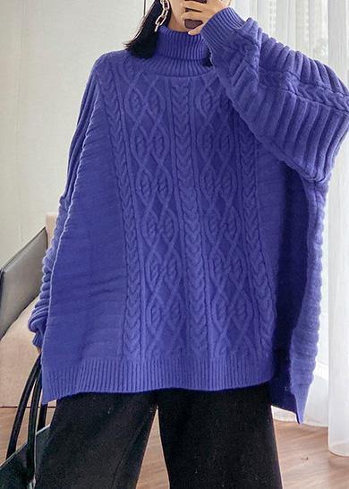 Oversized Blue Sweater Blouse High Neck Thick Knit Sweat Tops