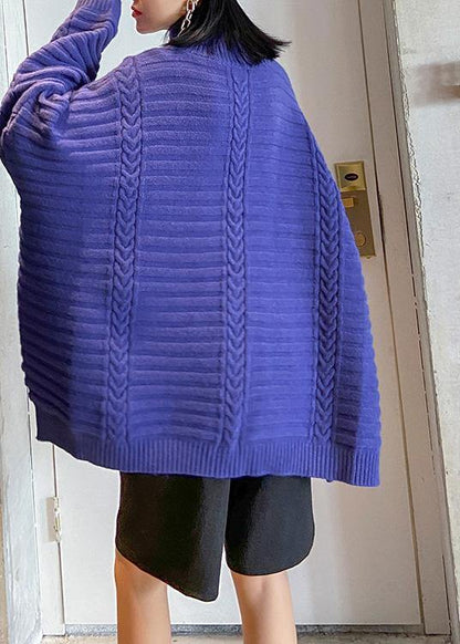 Oversized Blue Sweater Blouse High Neck Thick Knit Sweat Tops