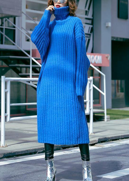 Oversized Blue Sweater Dresses Largo High Neck Tunic Fall Knit Dresses