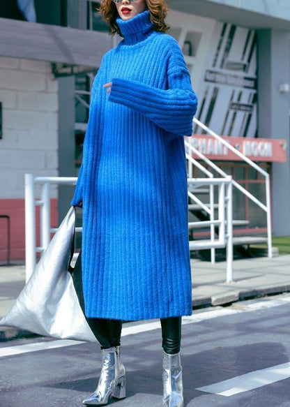 Oversized Blue Sweater Dresses Largo High Neck Tunic Fall Knit Dresses