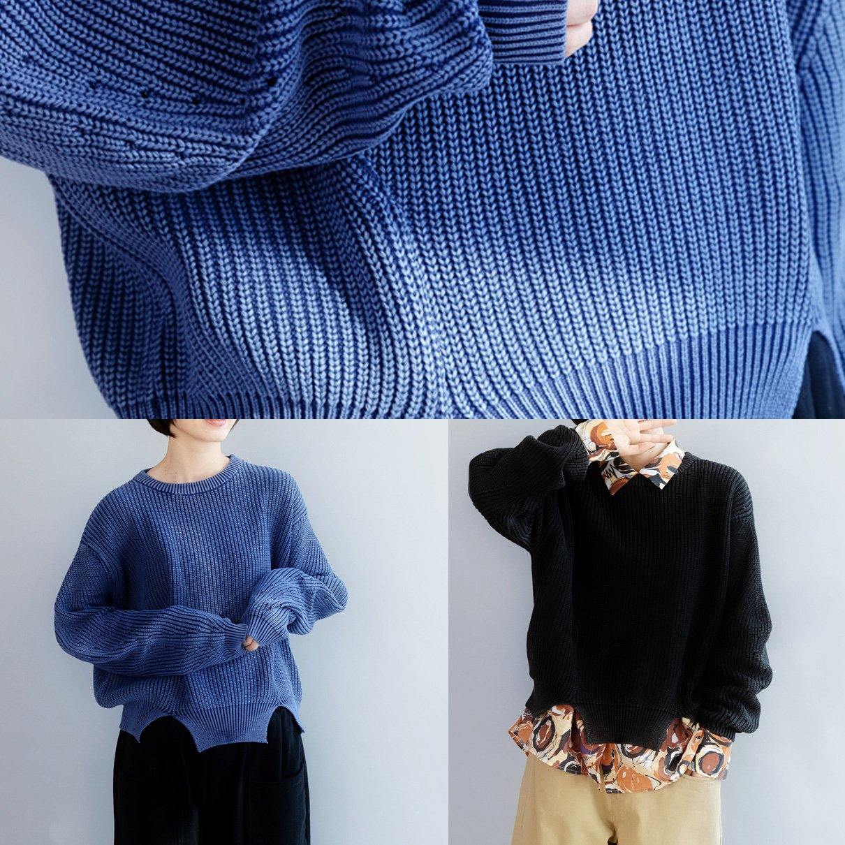 Oversized Blue Knit Blouse Open Hem Loose Fitting Knit Tops