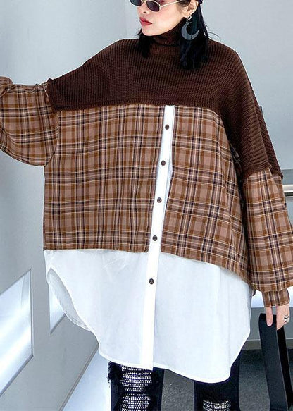 Oversized Chocolate Sweater Blouse Lapel Patchwork Spring Knit Tops