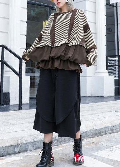 Oversized Chocolate Striped Box Top Clothing O Neck Ruffles Patchwork Knit Sweat Tops