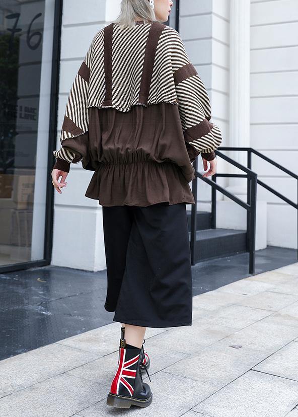Oversized Chocolate Striped Box Top Clothing O Neck Ruffles Patchwork Knit Sweat Tops