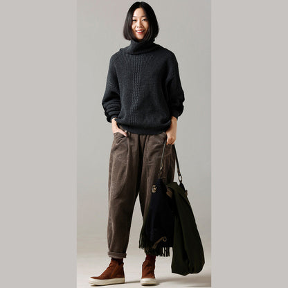 Oversized Dark Gray Sweater Largo Big Batwing Sleeve High Neck Knitted Tops