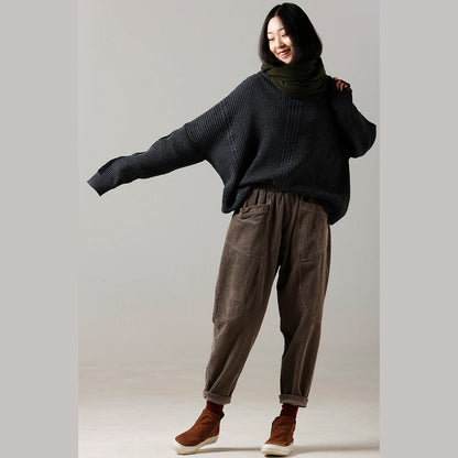 Oversized Dark Gray Sweater Largo Big Batwing Sleeve High Neck Knitted Tops