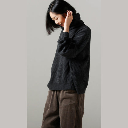 Oversized Dark Gray Sweater Largo Big Batwing Sleeve High Neck Knitted Tops