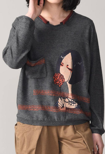Oversized Dark Gray Knit Tops Cartoon Print Sweaters Long Sleeve