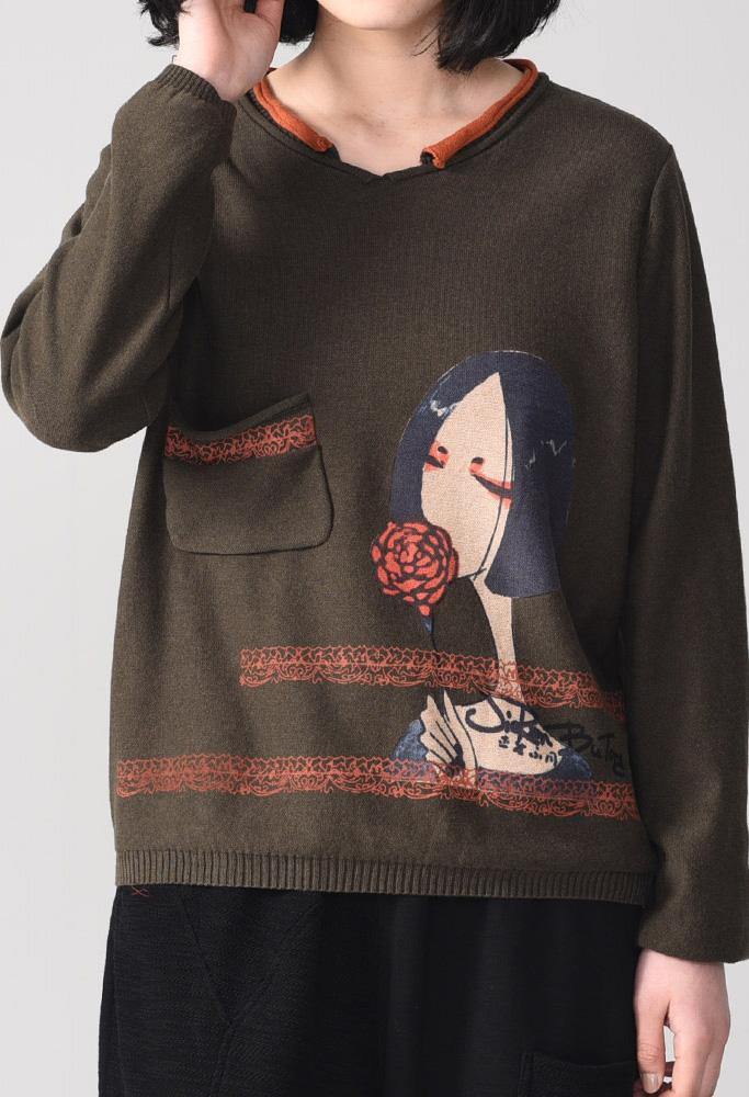 Oversized Dark Gray Knit Tops Cartoon Print Sweaters Long Sleeve