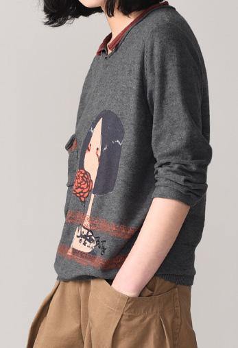 Oversized Dark Gray Knit Tops Cartoon Print Sweaters Long Sleeve