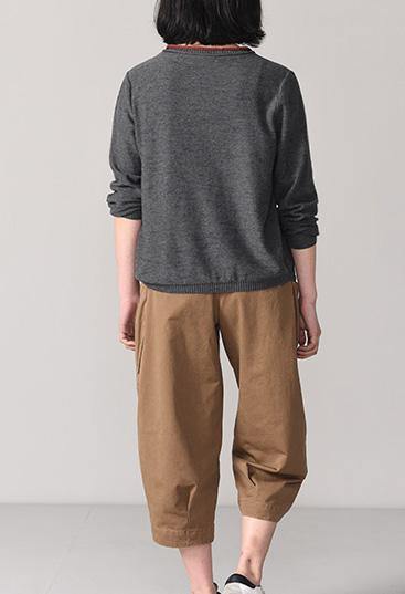 Oversized Dark Gray Knit Tops Cartoon Print Sweaters Long Sleeve