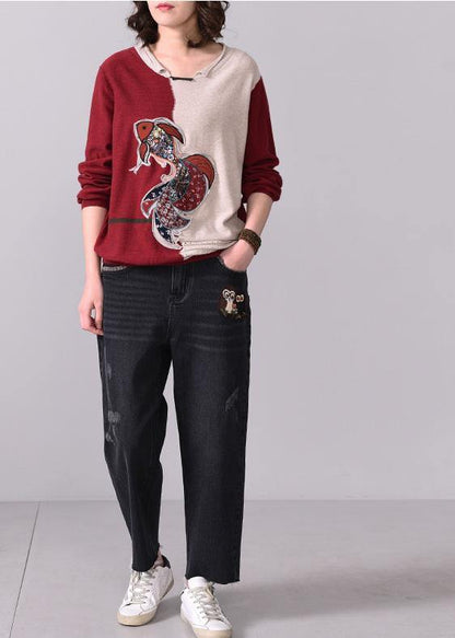 Oversized Fall Appliques Knitted Blouse O Neck Knitted Tops Red Patchwork Beige