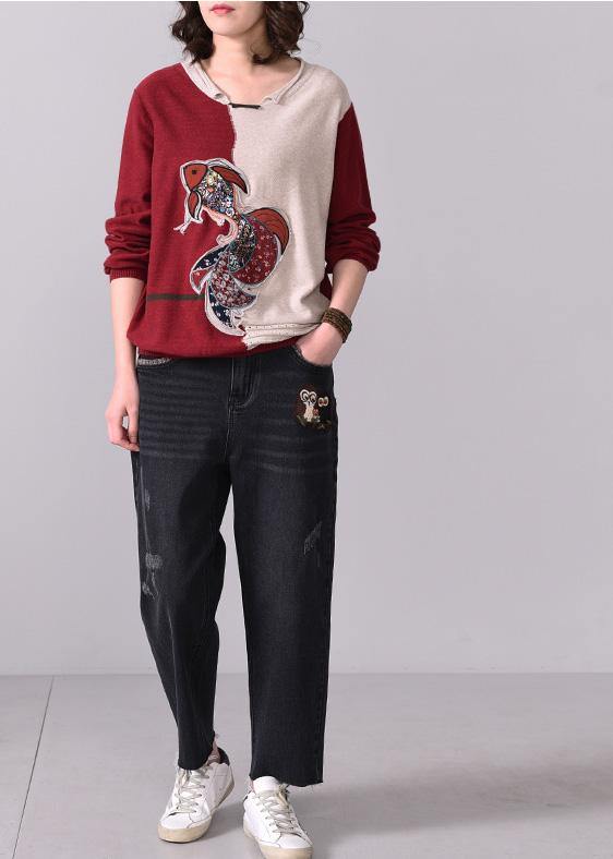 Oversized Fall Appliques Knitted Blouse O Neck Knitted Tops Red Patchwork Beige