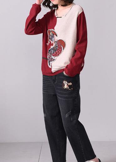 Oversized Fall Appliques Knitted Blouse O Neck Knitted Tops Red Patchwork Beige
