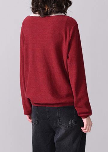 Oversized Fall Appliques Knitted Blouse O Neck Knitted Tops Red Patchwork Beige