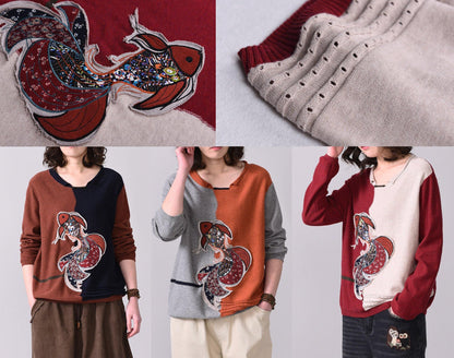 Oversized Fall Appliques Knitted Blouse O Neck Knitted Tops Red Patchwork Beige