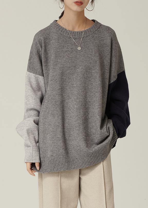 Oversized Gray Sweater Blouse O Neck Patchwork Oversized Fall Knitwear