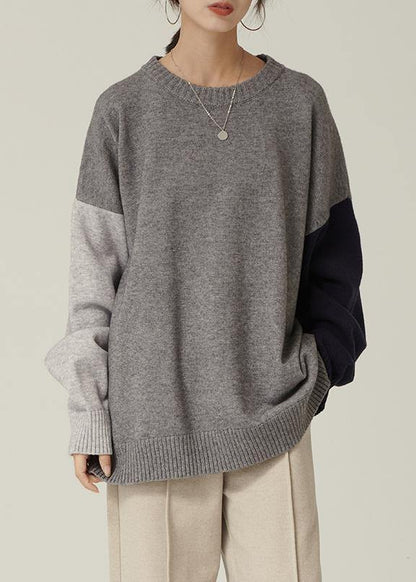 Oversized Gray Sweater Blouse O Neck Patchwork Oversized Fall Knitwear