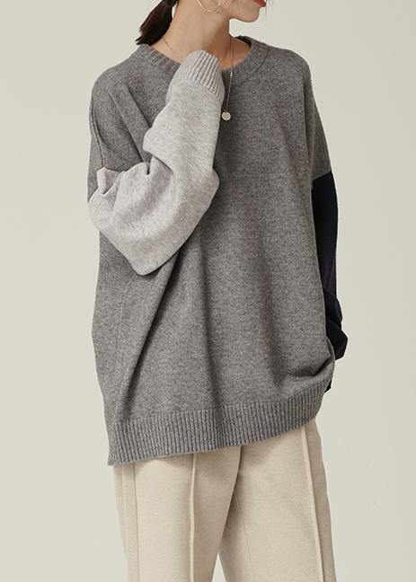Oversized Gray Sweater Blouse O Neck Patchwork Oversized Fall Knitwear