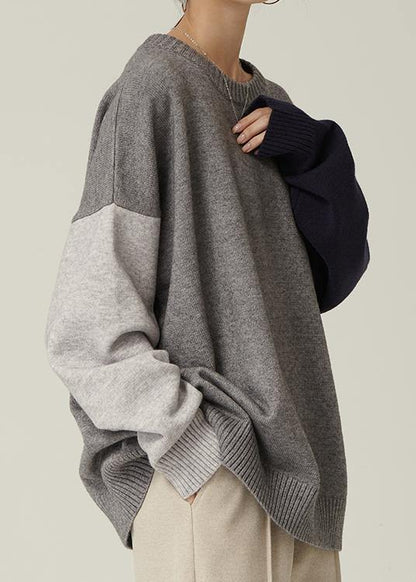 Oversized Gray Sweater Blouse O Neck Patchwork Oversized Fall Knitwear