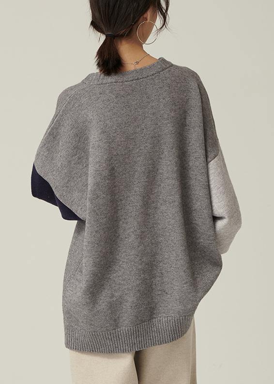Oversized Gray Sweater Blouse O Neck Patchwork Oversized Fall Knitwear