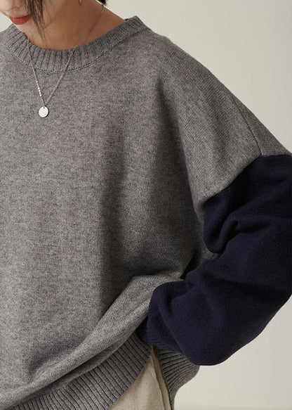 Oversized Gray Sweater Blouse O Neck Patchwork Oversized Fall Knitwear