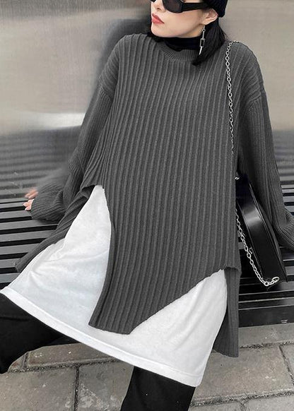 Oversized Gray Knit Sweat Tops Fall O Neck False Two Pieces Crane Tops