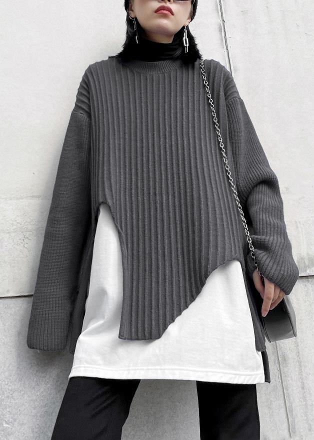 Oversized Gray Knit Sweat Tops Fall O Neck False Two Pieces Crane Tops