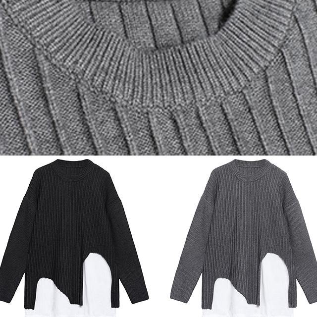 Oversized Gray Knit Sweat Tops Fall O Neck False Two Pieces Crane Tops