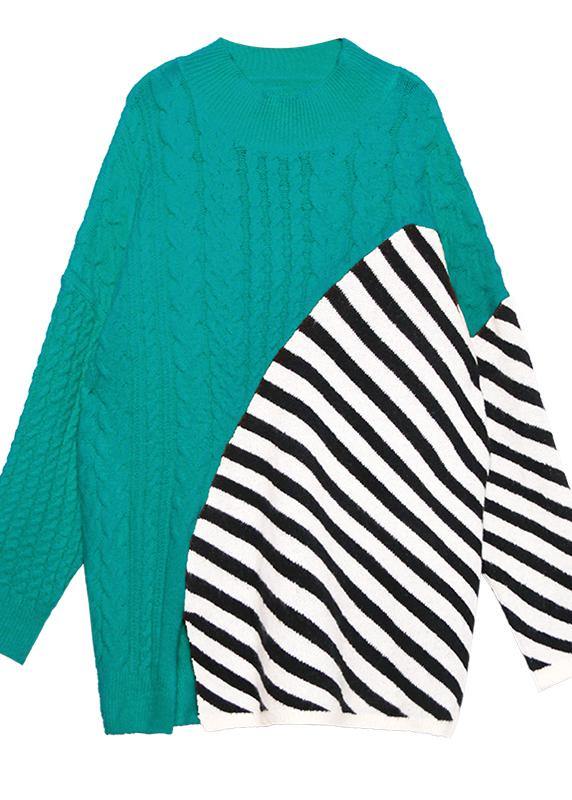 Oversized Green Patchwork Striped Knit Sweat Tops Loose Fitting O Neck Sweater Blouse