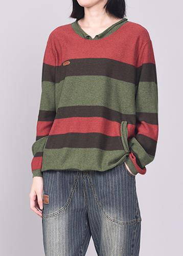Oversized Green Striped Knit Tops Patchwork Sweaters V Neck