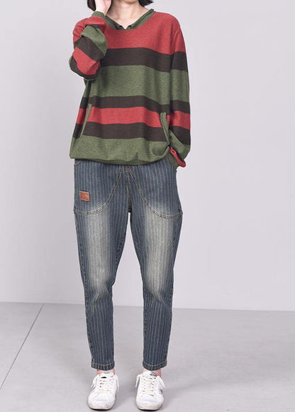 Oversized Green Striped Knit Tops Patchwork Sweaters V Neck