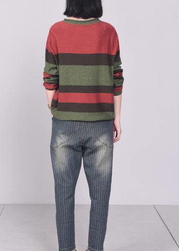 Oversized Green Striped Knit Tops Patchwork Sweaters V Neck