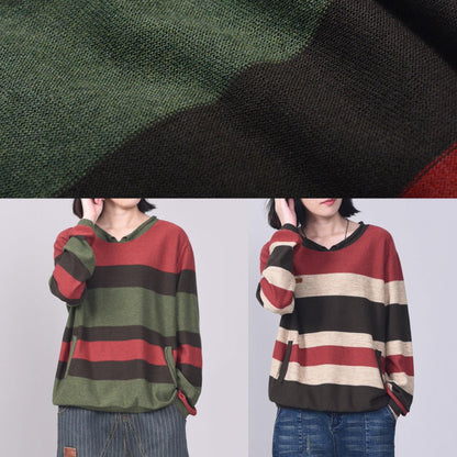 Oversized Green Striped Knit Tops Patchwork Sweaters V Neck
