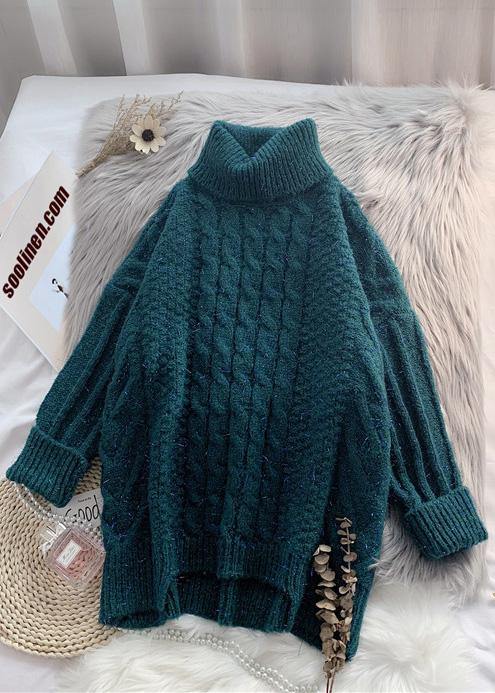 Oversized High Neck Green Knit Tops Asymmetric Hem Crane Tops